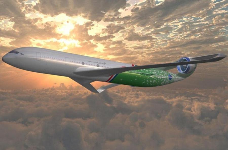 艺术概念图，展示了一款可能在未来出现的亚音速飞机，采用盒式或者联接翼设计以减少阻力和提高燃效。这款飞机有望在2020年服役