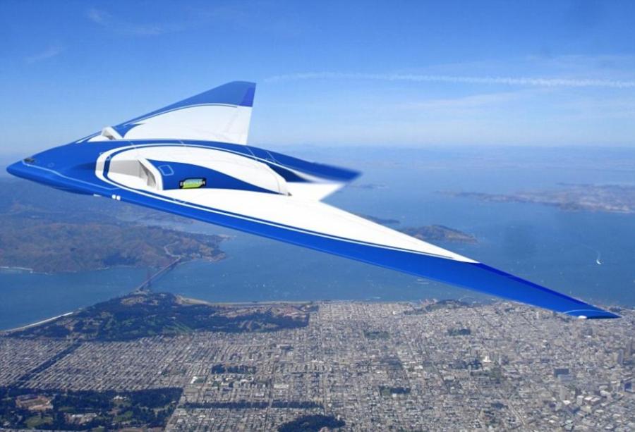 电脑生成的图像，展示了一款未来可能出现的飞翼式飞机在人口稠密地区上空飞行的景象。这种设计出自诺斯鲁普-格鲁曼公司之手，最初负责运输货物，之后才是搭载乘客。美国宇
