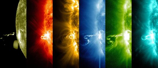 美国宇航局太阳动力学观测站观测到不同波长下的太阳耀斑图像