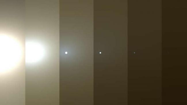 这几张影像是从机会号的角度观看，火星天空因为尘埃遮蔽阳光而变暗的模拟影像。 PHOTOGRAPH BY NASA, JPL-CALTECH, TAMU