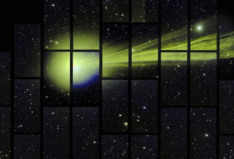 像素高达5.7亿的暗能量相机在扫描南半球夜空时，拍摄到了这颗彗星的照片。当时，“爱喜”彗星离地球距离有5100万英里之遥（约合8200万公里）。在照片上，它如同