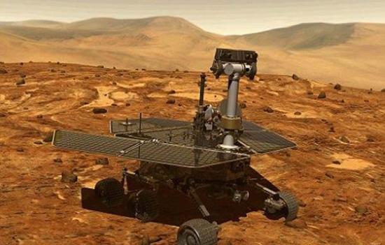 这是一幅电脑合成图像，显示的是勇气号在火星表面行驶时的摸样。