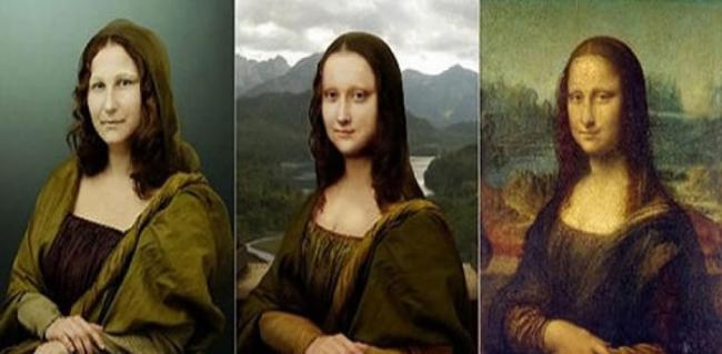 模特儿（左）让专家还原蒙娜丽莎的真身（中）。