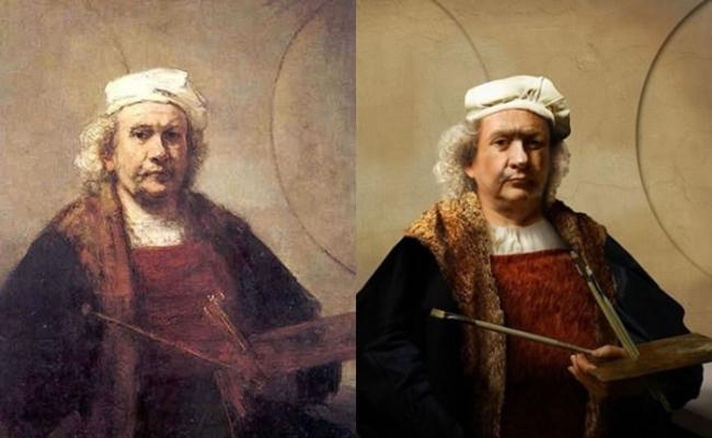 伦勃朗自画像（左）与还原真身（右）比较。