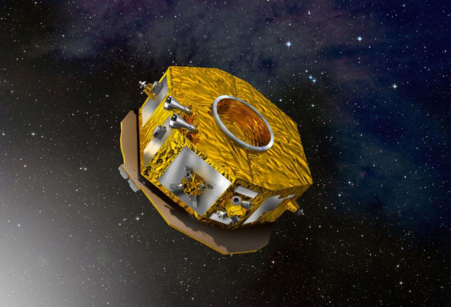 欧洲空间局的引力波探测器“激光干涉仪空间天线”（eLISA）将是第一台位于太空，用于探测引力波的航天器。引力波是在黑洞并和等事件发生时产生的。图中描绘的LISA