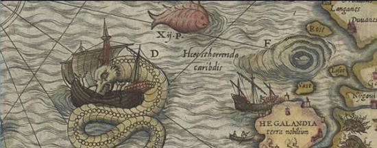 图为地图上出现海怪的经典图片之一：奥洛斯•马格努斯（Olaus Magnus）的“卡塔•玛瑞娜”地图(Carta Marina)显示15