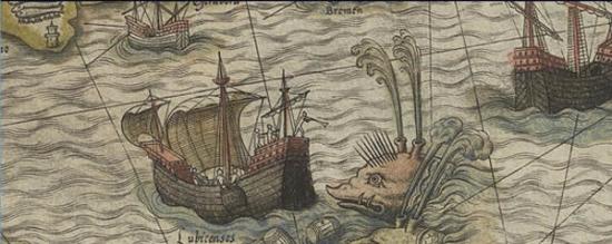 鲸鱼攻击船只。奥洛斯•马格努斯的卡塔•玛瑞娜地图里一只鲸鱼正攻击船只，这张图片来自1572年的版本。水手抛弃了桶，而船上另一名男子正吹小