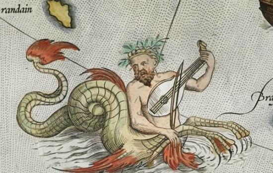 半人马鱼 (Ichthyocentaur)。奥特里乌斯的寰宇概观里的斯堪的纳维亚地图里，半人马鱼正弹奏着中世纪的六弦提琴。