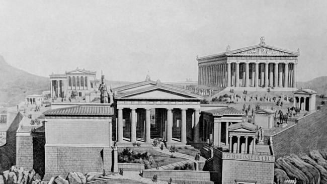 雅典卫城是民主史上的重要象征，但古希腊人的民主制度有不少层面没有流传到现代。 LLUSTRATION FROM UNIVERSAL HISTORY ARCHIV
