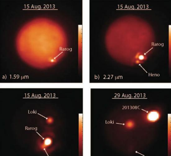 不同波段上观测到的木卫一火山爆发，图像由凯克望远镜拍摄。木卫一是太阳系中除了地球之外唯一一颗目前仍然存在活跃火山活动的星球