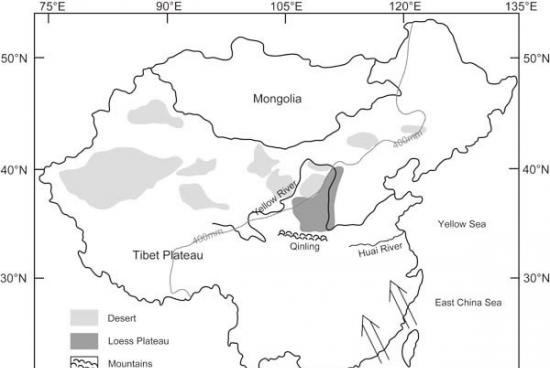 中国沙漠分布与400mm等降水量线（依Yang and Ding 2008修改）