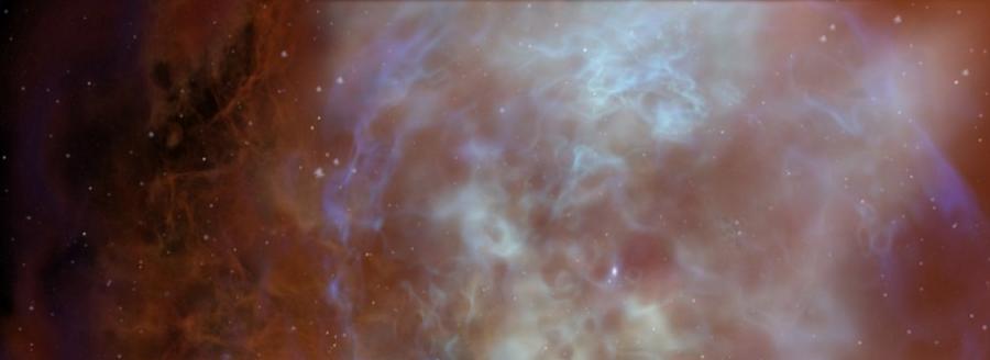 这是展示一处星云区域的示意图。星云是由恒星死亡后释放出的大量的气体与尘埃物质构成的区域，科学家们认为太阳系便是附近空间一颗恒星的死亡爆发造成了星云扰动失稳并进一
