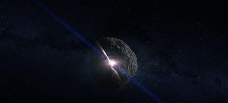 这是一张艺术示意图，展示了小行星“贝努”的形成。科学家们相信正是在这样一次剧烈的撞击中，大量碎屑物质溅射出去并冷凝形成了“贝努”小行星