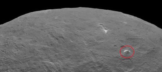 美国宇航局科学家们公布了“黎明”号飞船拍摄到的图片。图中红圈圈出的是一座与勃朗峰大小差不多的金字塔形山体。目前，科学家们还无从得知这座神秘山体的起源和构成。此外