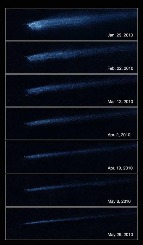 哈勃太空望远镜于2010年1月至5月拍摄的一系列照片显示了小行星碰撞后的余震。这些图像显示了X形状的天体P/2010A2是由两颗碰撞小行星产生的。