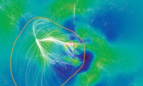 天文学家绘制出超星系团Laniakea的地图，橙线范围内便是Laniakea，中央蓝点是银河系，白点则是其他星系。