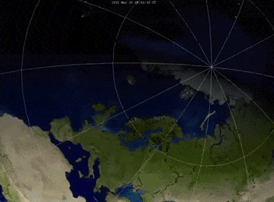 从太空视角看3月20日日食的阴影移动，从英国、格陵兰到欧洲大陆，再进入俄罗斯。