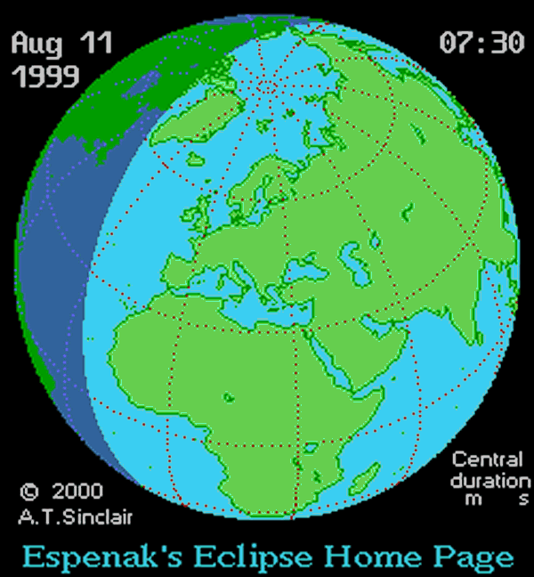 3月20日的日全食将从格陵兰半岛下缘开始，朝北极圈移动。这张动画显示的是1999年的日全食时的阴影范围。