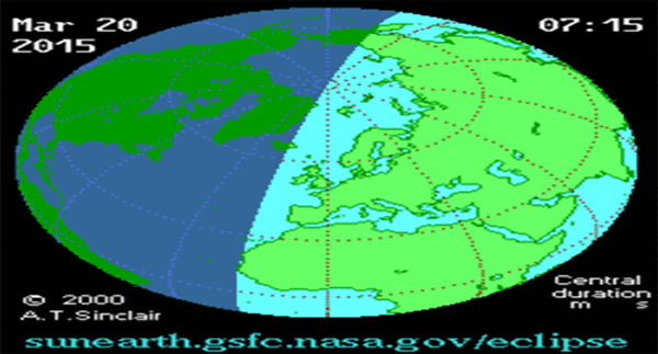 这张动画显示的是将于3月20日发生的日全食，阴影也将扫过欧洲的大部分。