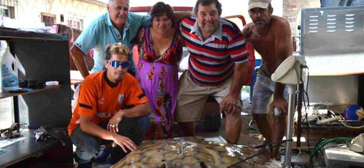 乌拉圭3名渔夫在该国近海岸处捕捞到一条号称“魔鬼鱼”的巨型蝠鲼