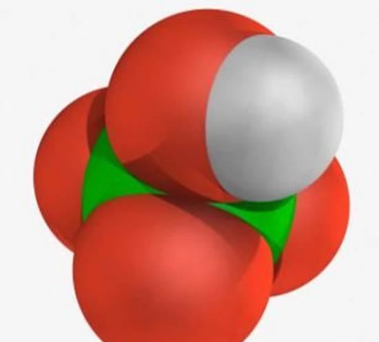 高氯酸盐是由高氯酸（如图）衍生出来的一种盐。图中的氢分子显示为白色，氧分子是红色，而氯分子显示为绿色