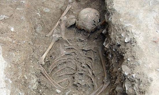 骸骨脸部朝下，相信少女被称为俯卧葬的侮辱方式埋葬。