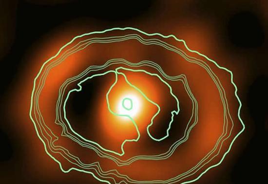 科学家对临近矮星系中的一颗死亡恒星留下的残骸进行了观测分析。此处图像所示为这一超新星遗迹的内侧碎屑轮廓，由哈勃空间望远镜拍摄(绿色/蓝色)，图像上方叠加由ALM