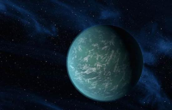 艺术示意图：Kepler-22b。这是一颗围绕着一颗与太阳相似的恒星运行，并且轨道距离适当的系外行星