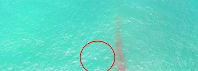 沉入海底还是浮在水面？图中的UFO突然在海面上停止下来，仅距离海面几厘米的距离。
