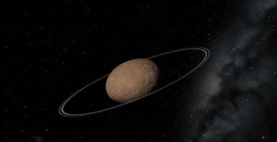示意图：拥有光环的半人马型小天体Chariklo。Chariklo是最大的半人马型小天体，其特点介于小行星与彗星之间。2013年，天文学家们发现它拥有两条光环。