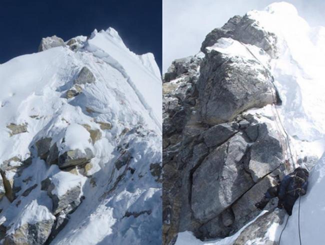 珠穆朗玛峰「希拉里台阶」证实崩塌，右图为2013年原貌，左图则为2016年的情况。