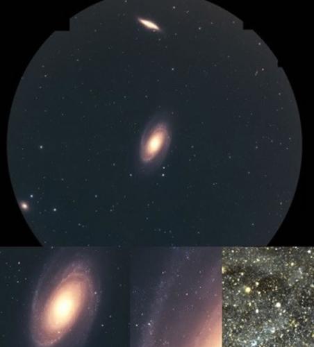 基于HSC观测数据的伪色合成图。上图包括了M81、M82和NGC3077，视场直径为1.5度。左下：M81；中下：M81的旋臂；右下：该研究工作所分析的照片的颜