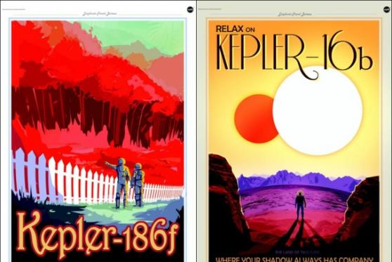 开普勒-186f星球海报(左)及开普勒-16b星球海报(右)。