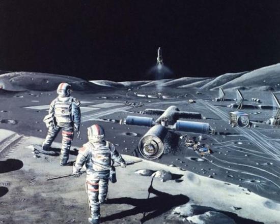 俄罗斯科学家设想登月时的情景，地面基地的造型酷似早期空间站