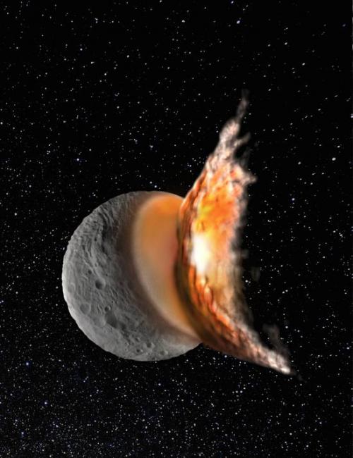 示意图：强烈的撞击事件在灶神星表面挖掘出直径巨大的Rheasilvia撞击坑。一项最新研究显示，今天的大多数小行星可能都是这样的撞击事件中形成的
