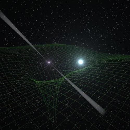 超致密中子星及其“亲密”的伴星――白矮星。该系统为物理学家提供了一个研究重力性质的绝佳且天成的宇宙实验室，其中的格子背景用以说明该系统产生的引力效应而产生的时空