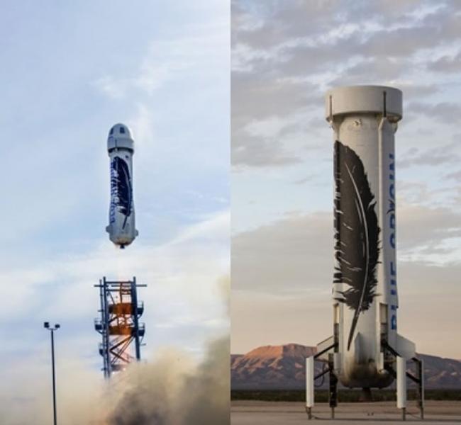 New Shepard太空火箭升空（左）后，成功降落（右）。