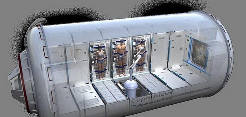 一些专家提议这个未来派太空舱也可能旋转，它提供人工重心引力，减少宇航员骨骼和肌肉损伤，因此该太空栖息环境应当是一个圆柱体(图中所示)，宇航员能够体验引力作用。