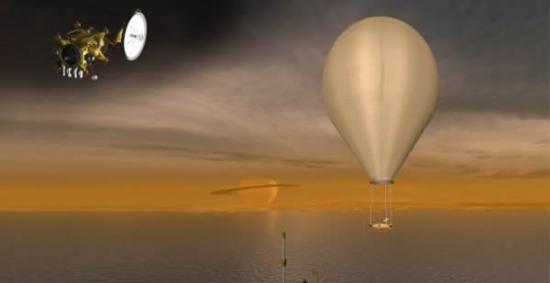 艺术示意图：美国宇航局的土卫六海洋考察探测器降落在土星最大卫星上的海洋之中