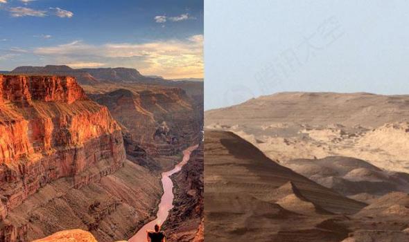左图为美国科罗拉多大峡谷，由科罗拉多河长期冲蚀形成；右图为好奇号拍摄的火星夏普山，这里曾是一个巨型湖泊。