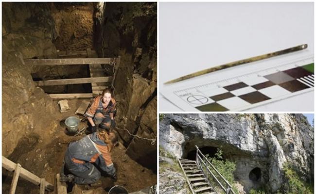 考古人员在丹尼索瓦洞内（左），发现骨针（右上）。