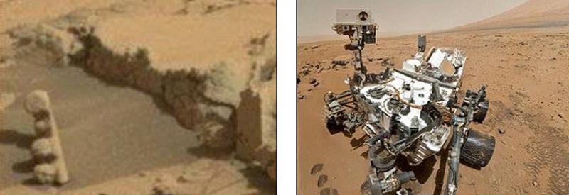 火星“交通灯”（左）是“好奇”号（右）前往“夏普山”途中发现的，但也有人称其看起来好像图腾柱。