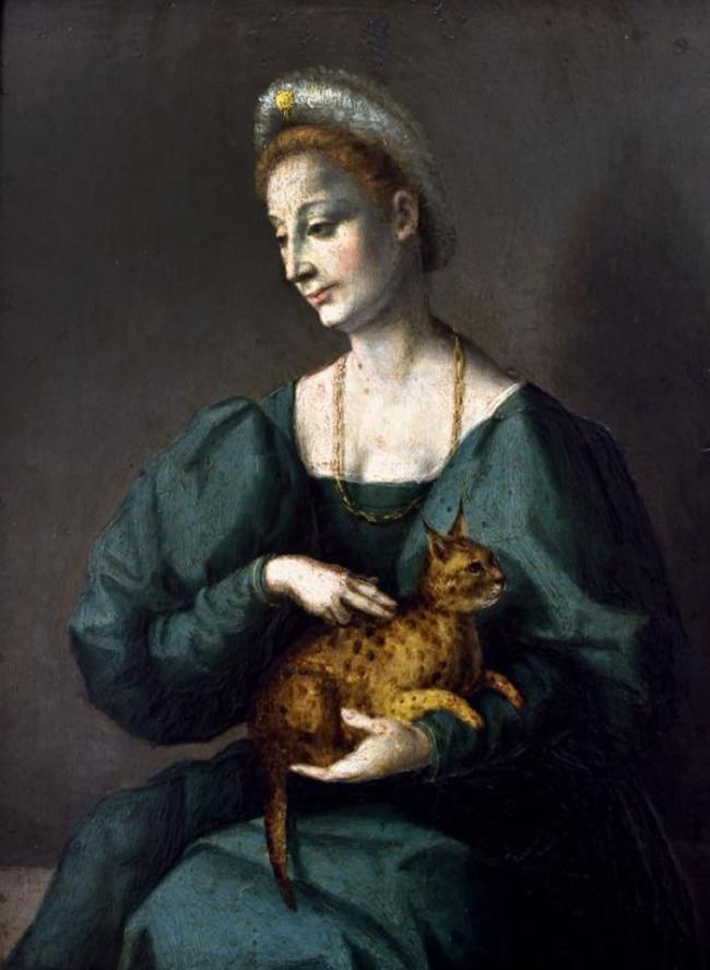 这是一幅意大利文艺复兴时期的画作，画中的女性抱着一只被描述为「豹猫」的猫儿。 ILLUSTRATION BY FRANCESCO D’UBERTINO VERD