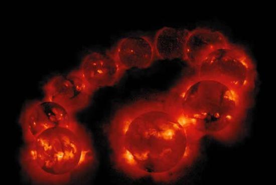 阳光卫星软X射线望远镜在1991年8月和2001年9月间拍摄的太阳活动蒙太奇照展示了太阳黑子周期中太阳活动发生的变化。