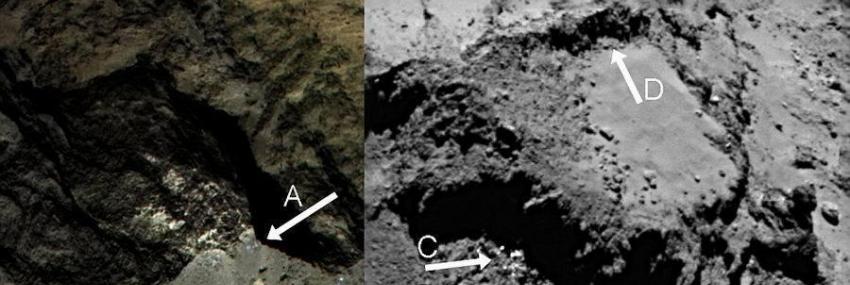 它是否是冰晶凹槽？左图色彩合成照片显示某物质比周围区域(A和B)明亮20%，这可能是冰晶物质存在的有力证据；右图C是明亮、高反射表面的1米大小岩石，D是岩石破碎