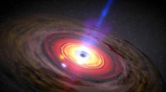 超大质量黑洞的艺术家印象图，周围环绕着吸积盘。图中还显示了向外流出的高能粒子流，据称它是由黑洞旋转驱动的。