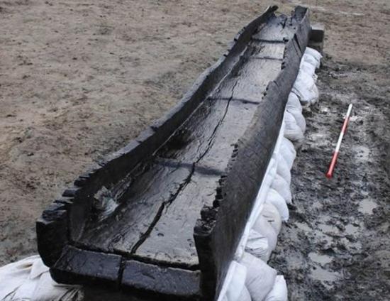 考古学家从泥潭中挖出木舟仍保持着潮湿状态