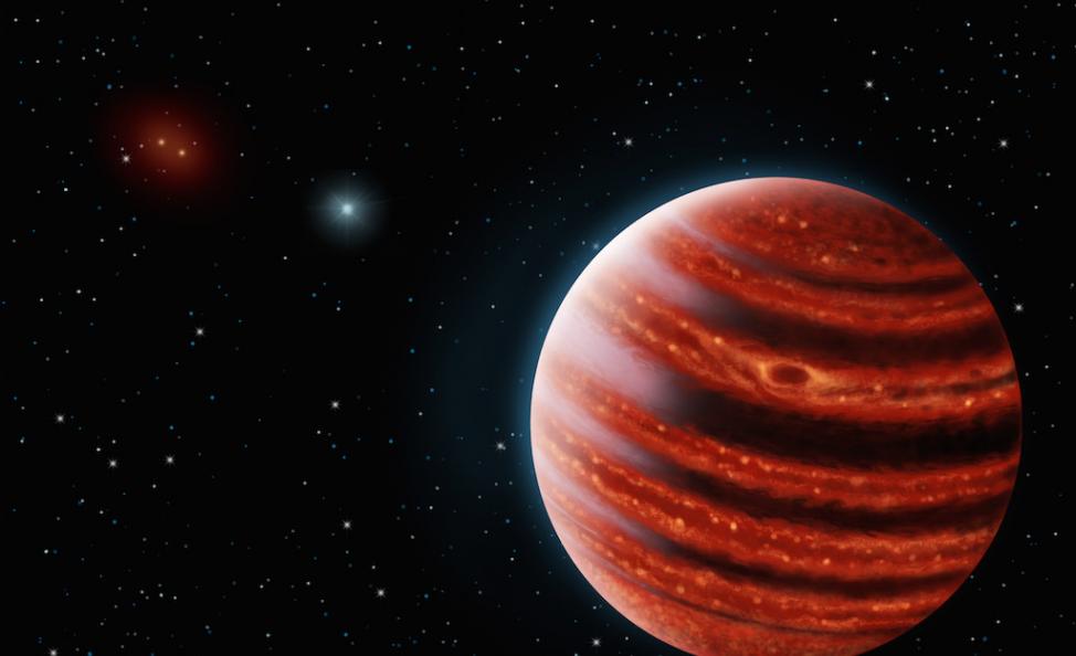 这是类木星的太阳系外行星51 Eridani b的艺术概念照。在近红外光下，它大气层中炽热部分发出穿透云层的光芒。图片来自地外文明搜寻研究所