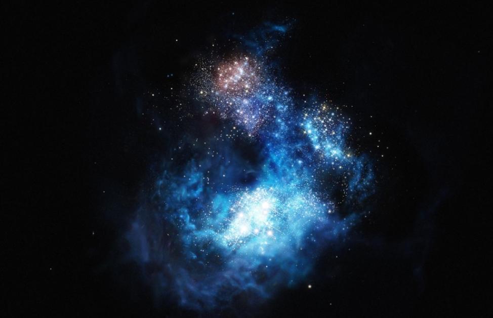 新发现的CR7星系（图为艺术家所绘）是目前所知最明亮的星系，CR7星系可能包含宇宙中最古老的一些恒星。 PHOTOGRAPH BY ESO/M. KORNMES