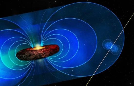 艺术家设想的黑洞与脉冲星演绎磁场华尔兹